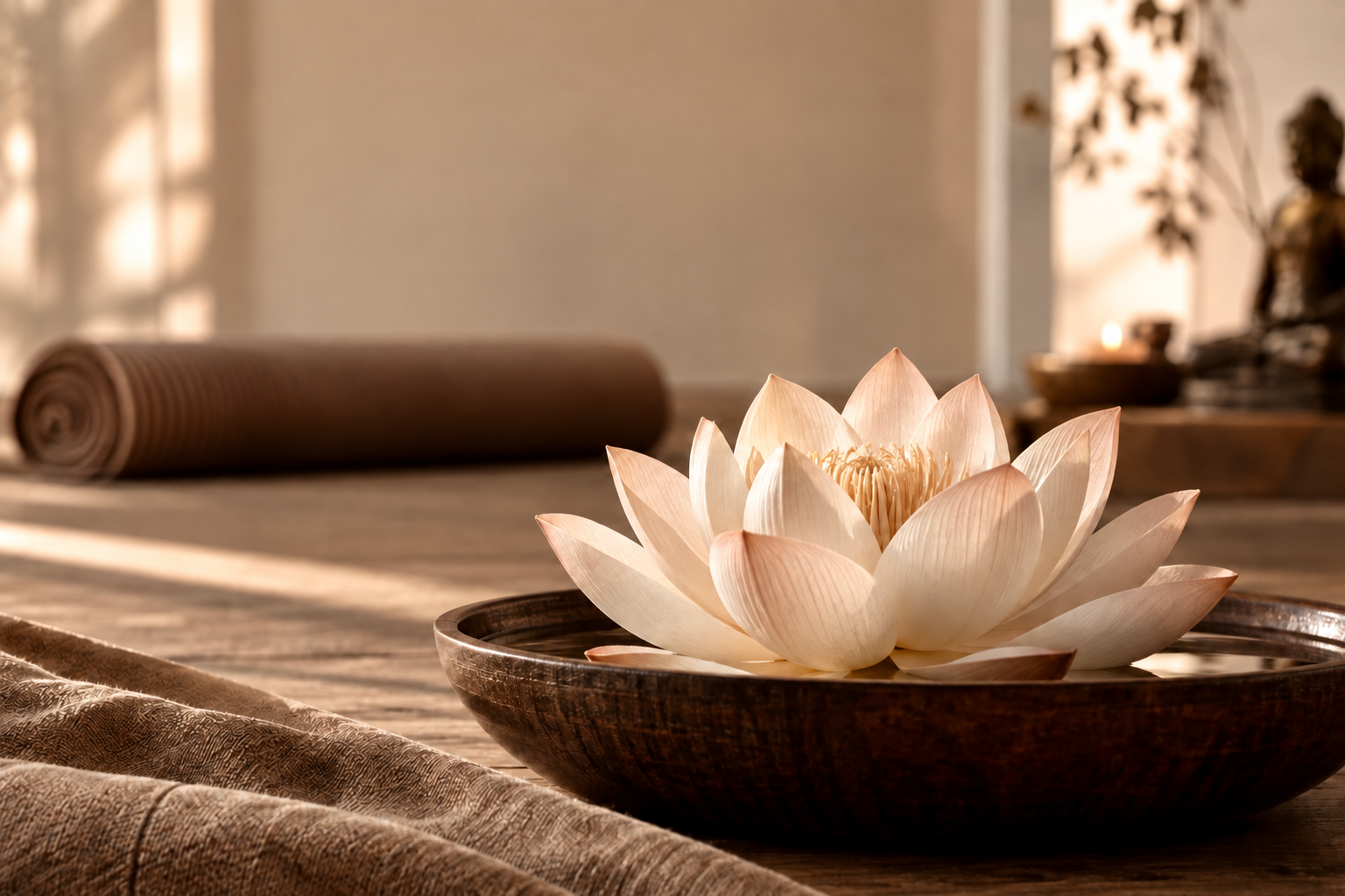 Studio de yoga lumineux avec grandes fenêtres